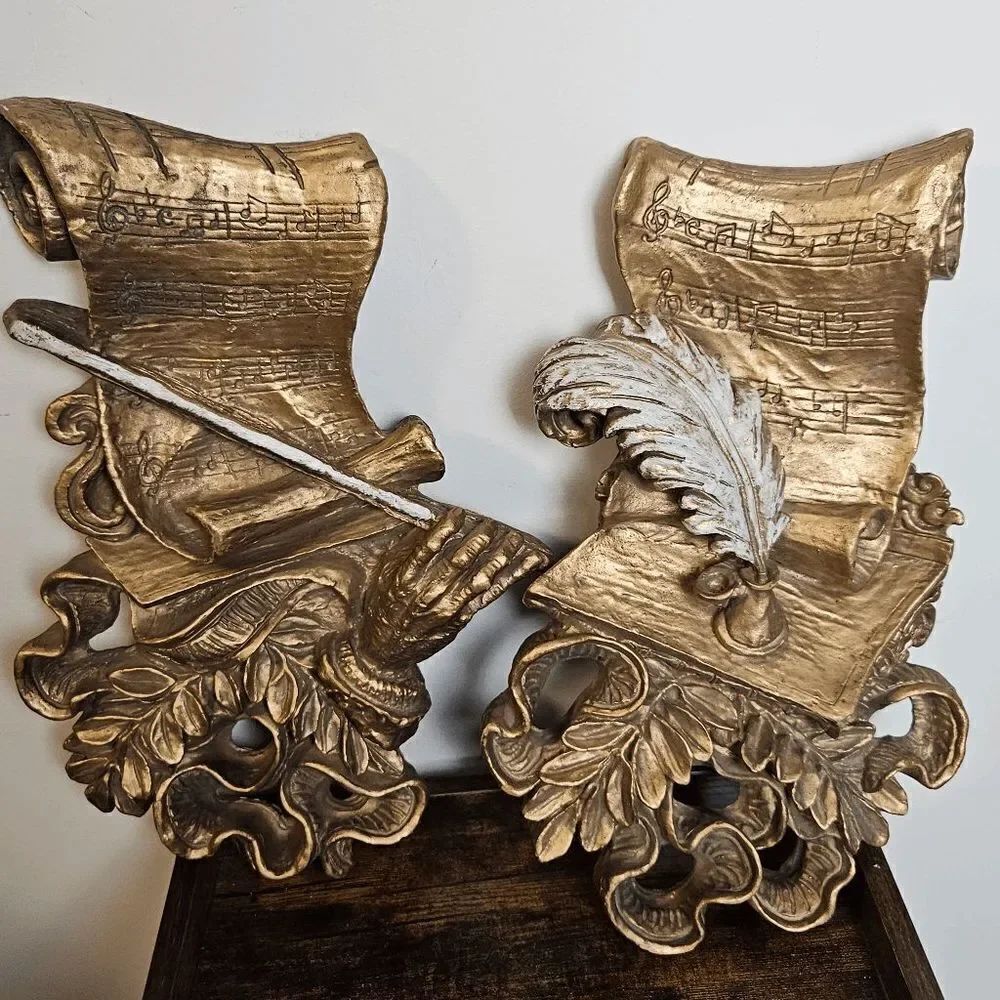 Unique pair of 60s Universal Statuary large musician and composer wall decor fea